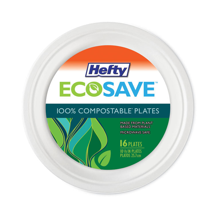 ECOSAVE Tableware, Plate, Bagasse, 10.13" dia, White, 16/Pack, 12 Packs/Carton