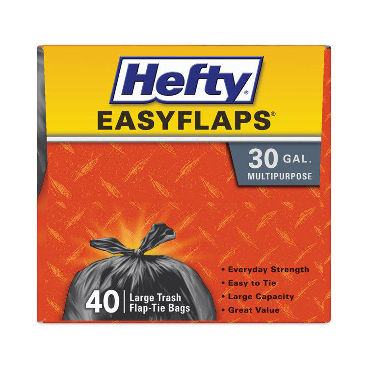 Easy Flaps Trash Bags, Tie-Flap, 30 gal, 0.85 mil, 30  x 33 , Black, 40 Bags/Box, 6 Boxes/Carton
