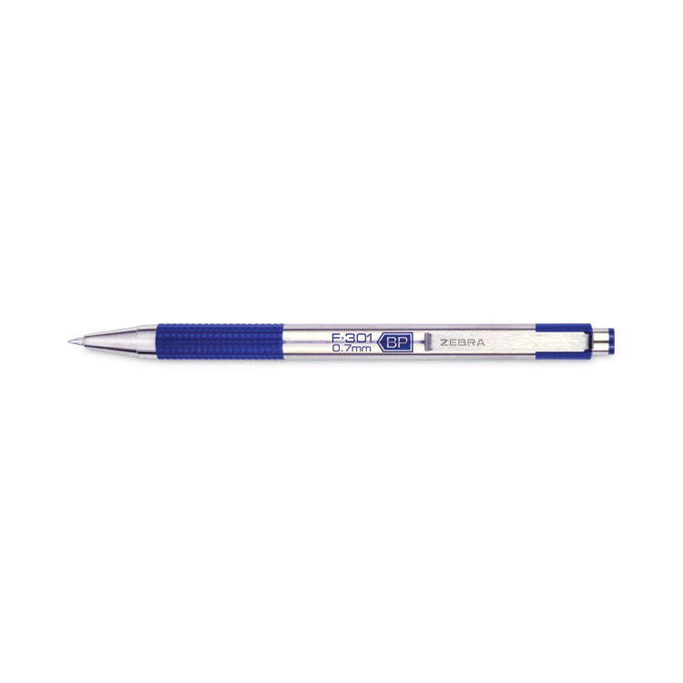 F-301 Ballpoint Pen, Retractable, Fine 0.7 mm, Blue Ink, Stainless Steel/Blue Barrel