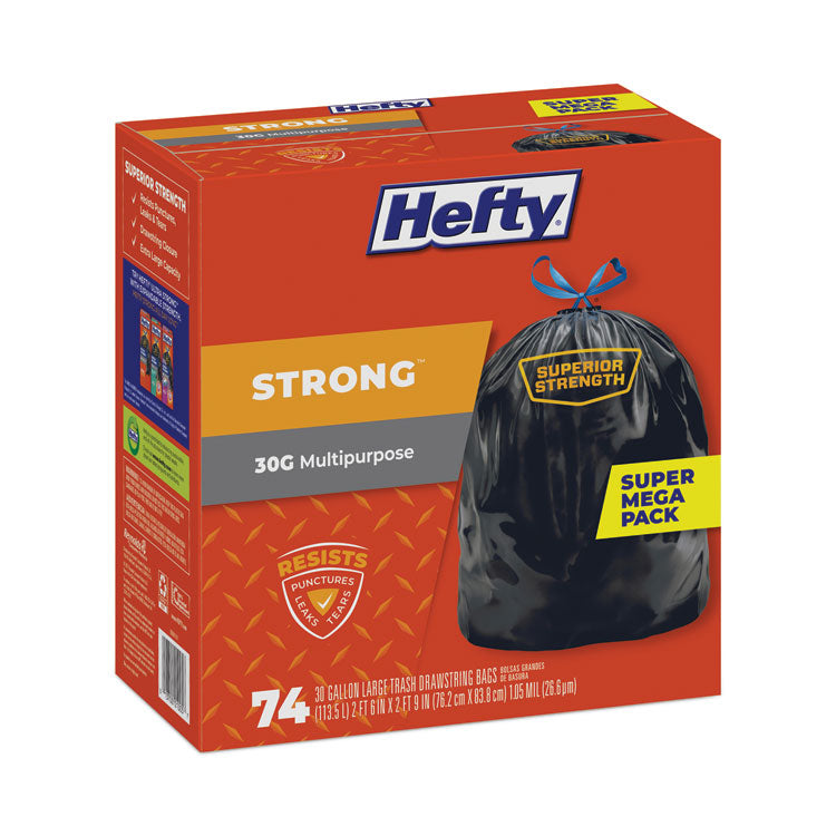 Strong Multipurpose Drawstring Trash Bags, 30 gal, 1.1 mil, 30  x 33 , Black, 74/Box