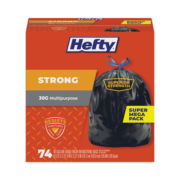 Strong Multipurpose Drawstring Trash Bags, 30 gal, 1.1 mil, 30  x 33 , Black, 74 Bags/Box, 3 Boxes/Carton