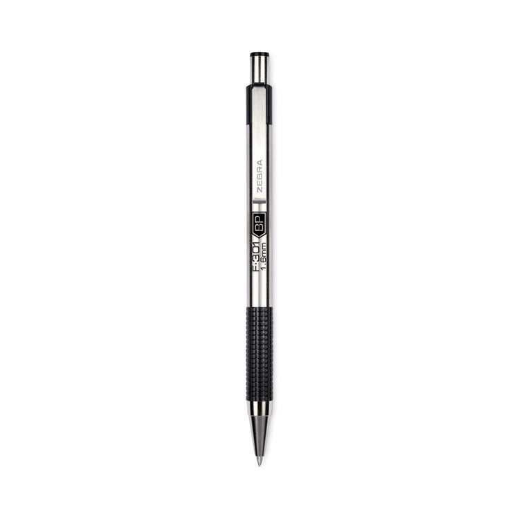 F-301 Ballpoint Pen, Retractable, Bold 1.6 mm, Black Ink, Stainless Steel/Black Barrel, 12/Pack