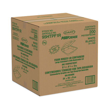 Foam Hinged Lid Container, Performer Perforated Lid, 9.3 x 9.5 x 3, White, 100/Bag, 2 Bag/Carton