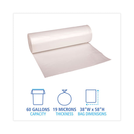 High-Density Can Liners, 60 gal, 19 mic, 38  x 58 , Natural, Perforated Roll, 25 Bags/Roll, 6 Rolls/Carton