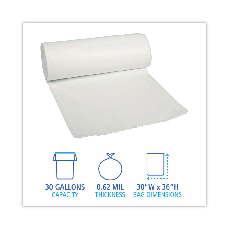 Low-Density Waste Can Liners, 30 gal, 0.5 mil, 30  x 36 , White, Perforated Roll, 10 Bags/Roll, 20 Rolls/Carton