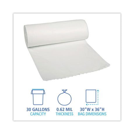 Low-Density Waste Can Liners, 30 gal, 0.5 mil, 30  x 36 , White, Perforated Roll, 10 Bags/Roll, 20 Rolls/Carton