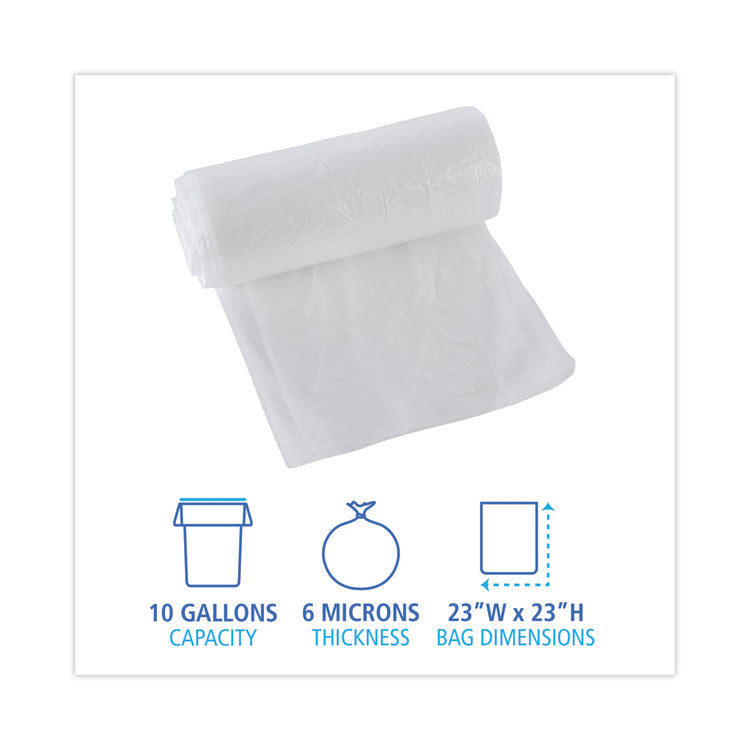 High-Density Can Liners, 10 gal, 6 mic, 24  x 23 , Natural, Perforated Roll, 50 Bags/Roll, 20 Rolls/Carton