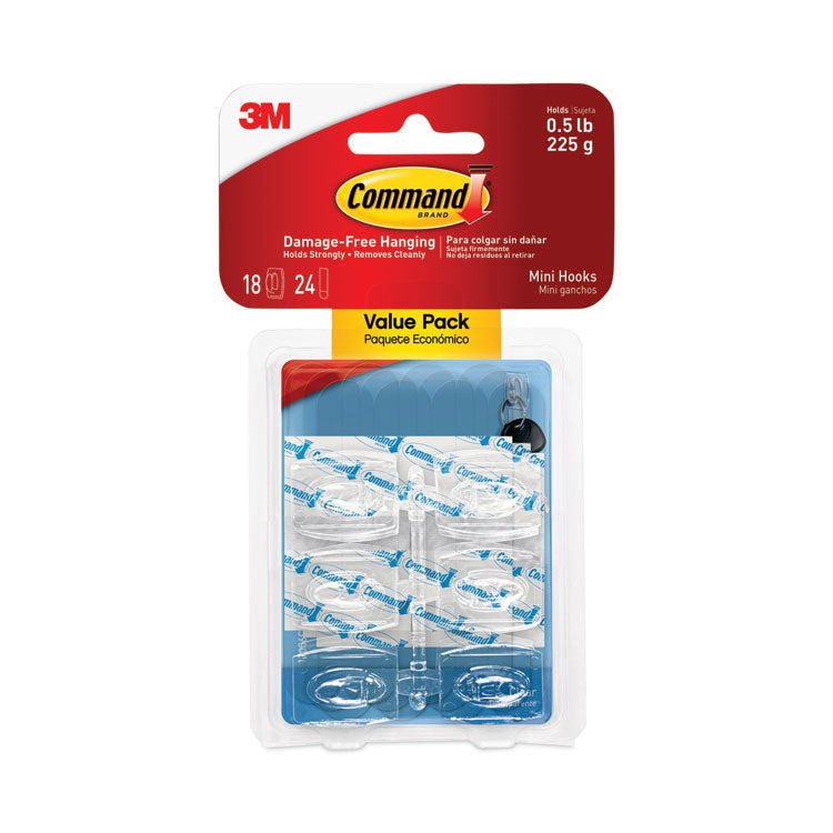 Clear Hooks and Strips, Mini, Plastic, 0.5 lb Capacity, 18 Hooks and 24 Strips/Pack