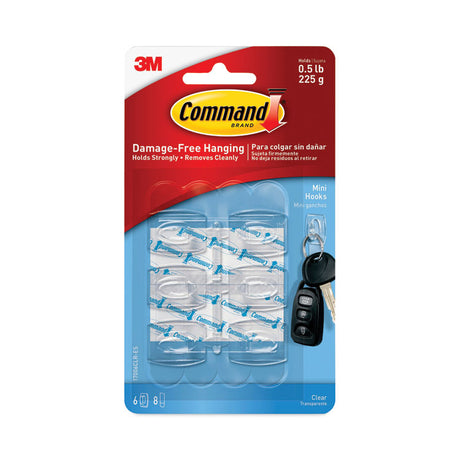 Clear Hooks and Strips, Mini, Plastic, 0.5 lb Capacity, 6 Hooks and 8 Strips/Pack