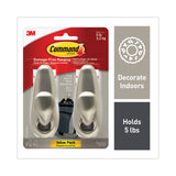 Adhesive Mount Metal Hook, Large, Brushed Nickel Finish, 5 lb Capacity, 2 Hooks and 4 Strips/Pack