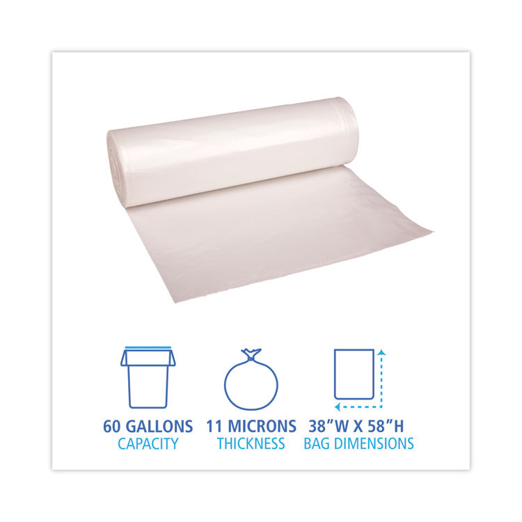 High-Density Can Liners, 60 gal, 11 mic, 38  x 58 , Natural, Perforated Roll, 25 Bags/Roll, 8 Rolls/Carton