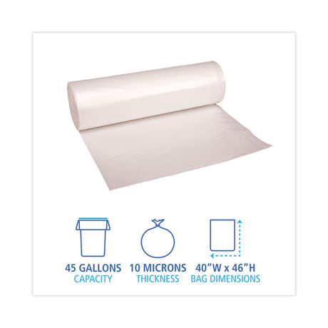 High-Density Can Liners, 45 gal, 10 mic, 40  x 46 , Natural, Perforated Roll, 25 Bags/Roll, 10 Rolls/Carton