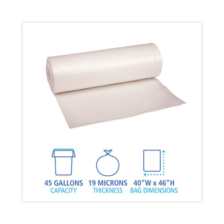 High-Density Can Liners, 45 gal, 19 mic, 40  x 46 , Natural, Perforated Roll, 25 Bags/Roll, 6 Rolls/Carton