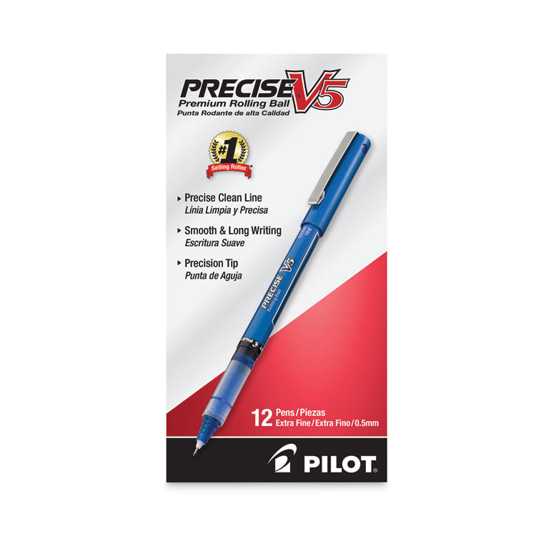 Precise V5 Roller Ball Pen, Stick, Extra-Fine 0.5 mm, Blue Ink, Blue/Clear Barrel, Dozen