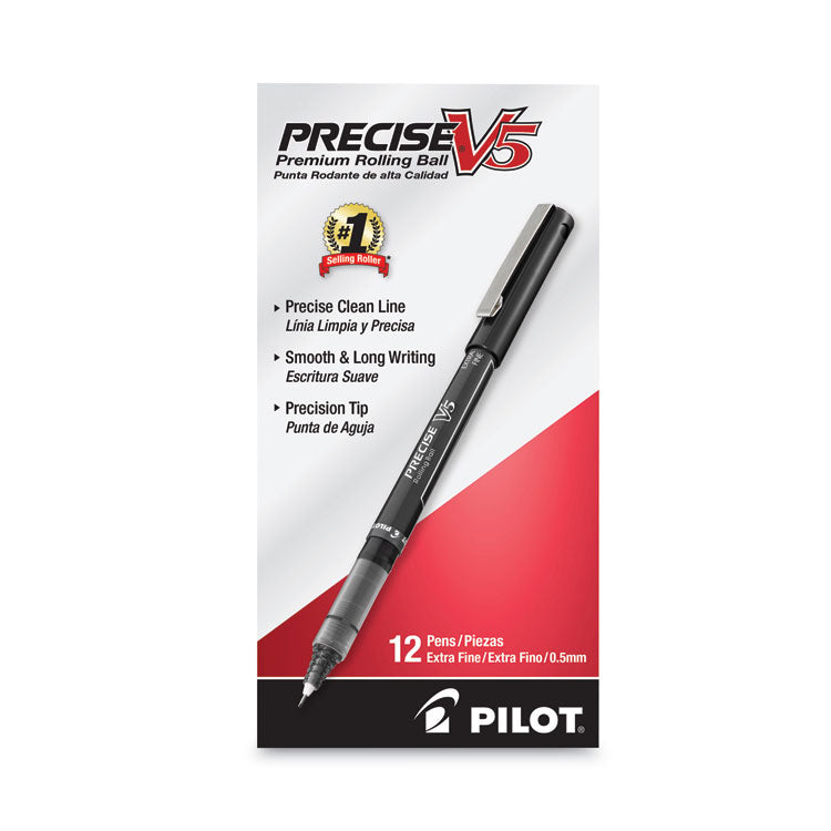 Precise V5 Roller Ball Pen, Stick, Extra-Fine 0.5 mm, Black Ink, Black/Clear Barrel, Dozen