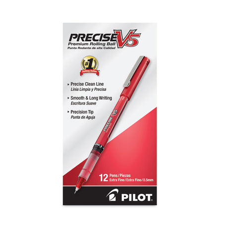 Precise V5 Roller Ball Pen, Stick, Extra-Fine 0.5 mm, Red Ink, Red/Clear Barrel, Dozen