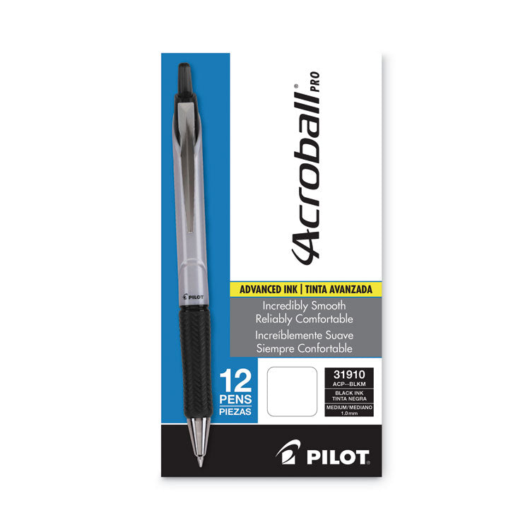 Acroball Pro Advanced Ink Hybrid Gel Pen, Retractable, Medium 1 mm, Black Ink, Silver/Black Barrel, Dozen