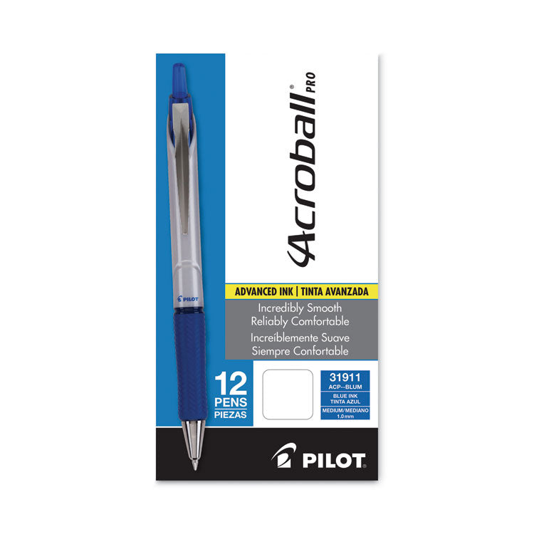 Acroball Pro Advanced Ink Hybrid Gel Pen, Retractable, Medium 1 mm, Blue Ink, Silver/Blue Barrel, Dozen