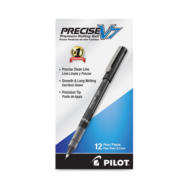 Precise V7 Roller Ball Pen, Stick, Fine 0.7 mm, Black Ink, Black/Clear Barrel, Dozen