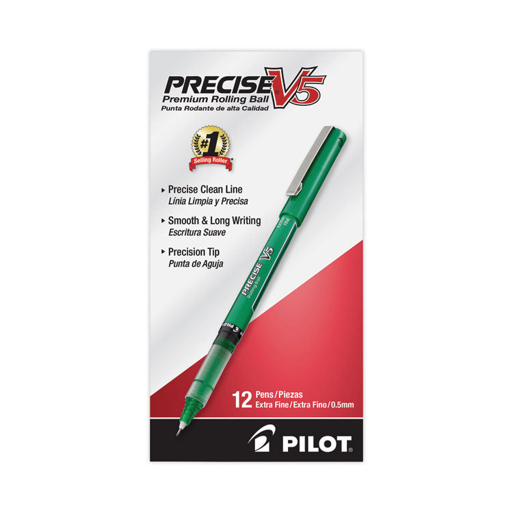 Precise V5 Roller Ball Pen, Stick, Extra-Fine 0.5 mm, Green Ink, Green/Clear Barrel, Dozen