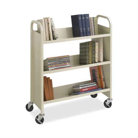 Steel Single-Sided Book Cart, Metal, 3 Shelves, 300 lb Capacity, 36  x 14.5  x 43.5 , Sand