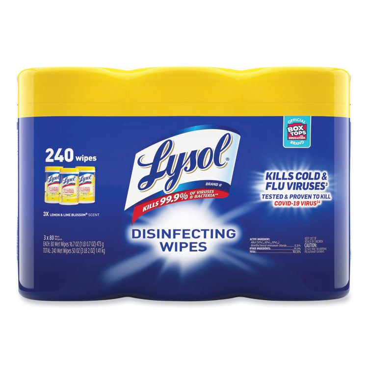 Disinfecting Wipes, 1-Ply, 7 x 7.25, Lemon and Lime Blossom, White, 80 Wipes/Canister, 3 Canisters/Pack