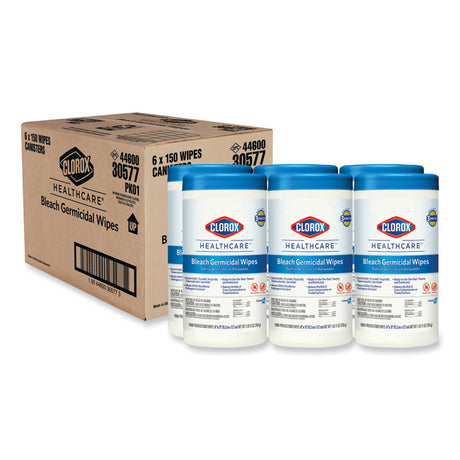 Bleach Germicidal Wipes, 1-Ply, 6 x 5, Unscented, White, 150/Canister, 6 Canisters/Carton