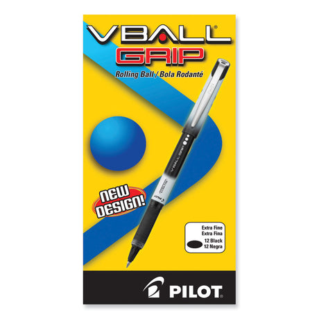 VBall Grip Liquid Ink Roller Ball Pen, Stick, Extra-Fine 0.5 mm, Black Ink, Black/White Barrel, Dozen