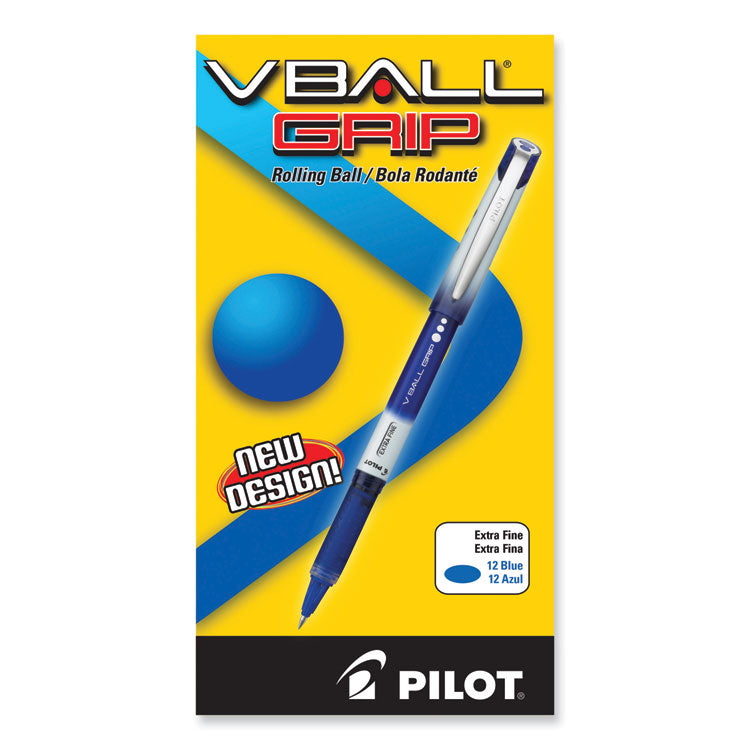 VBall Grip Liquid Ink Roller Ball Pen, Stick, Extra-Fine 0.5 mm, Blue Ink, Blue/White Barrel, Dozen