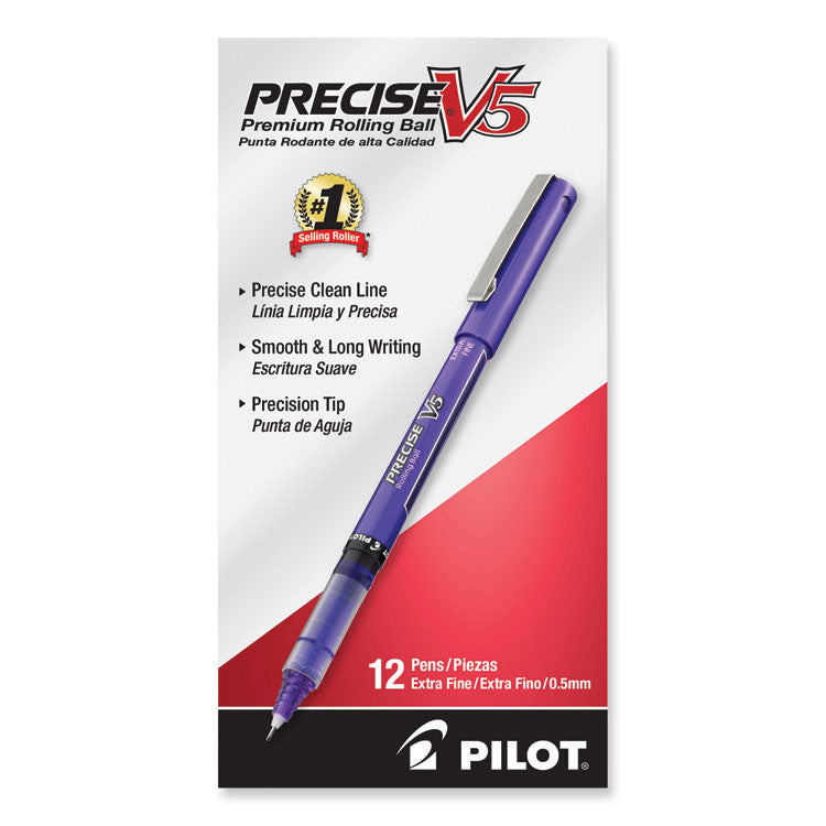 Precise V5 Roller Ball Pen, Stick, Extra-Fine 0.5 mm, Purple Ink, Purple/Clear Barrel, Dozen