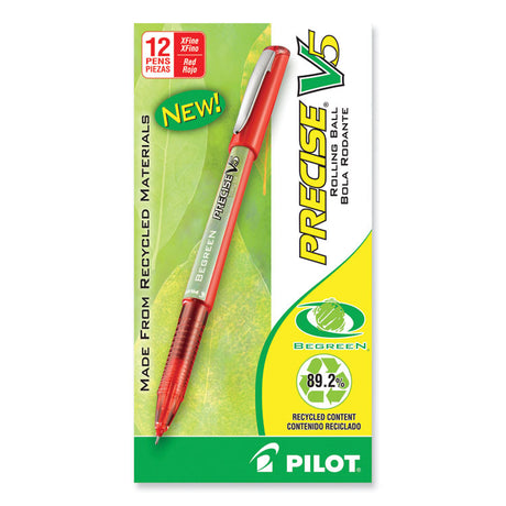 Precise V5 BeGreen Roller Ball Pen, Stick, Extra-Fine 0.5 mm, Red Ink, Red Barrel, Dozen