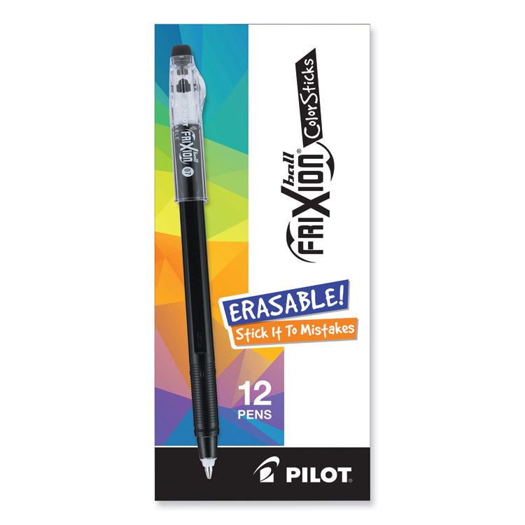 FriXion ColorSticks Erasable Gel Pen, Clipless Stick, Fine 0.7 mm, Black Ink, Black Barrel, Dozen