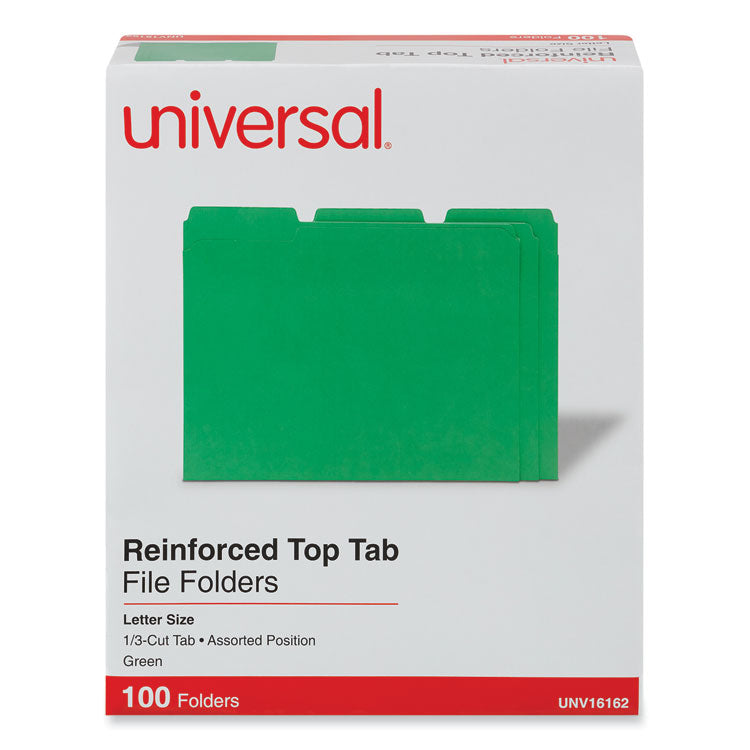 Reinforced Top-Tab File Folders, 1/3-Cut Tabs: Assorted, Letter Size, 1" Expansion, Green, 100/Box