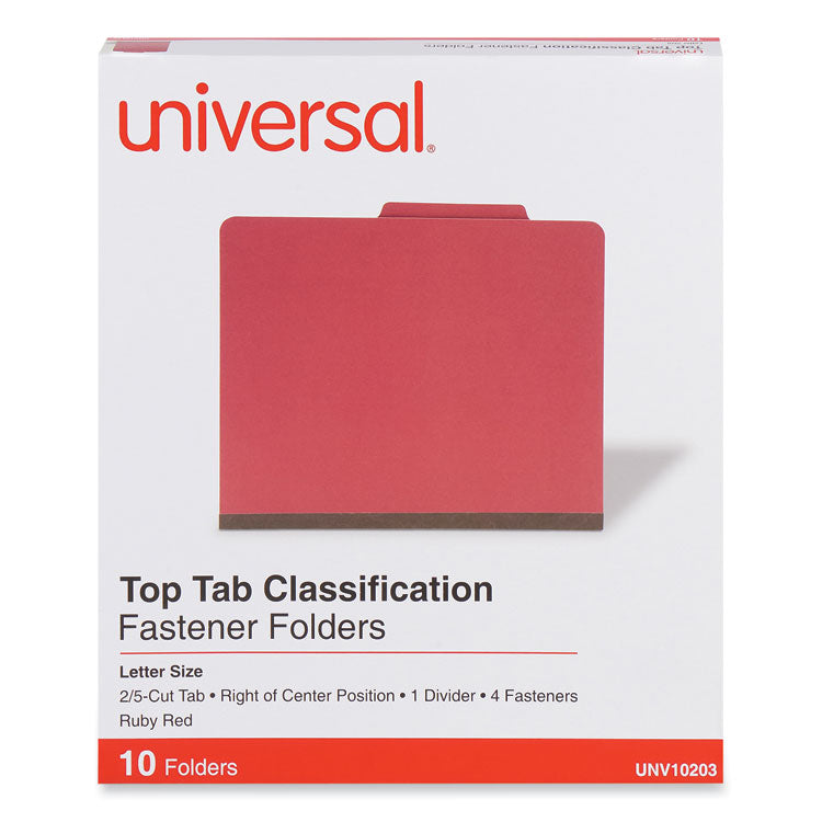 Bright Colored Pressboard Classification Folders, 2" Expansion, 1 Divider, 4 Fasteners, Letter Size, Ruby Red, 10/Box