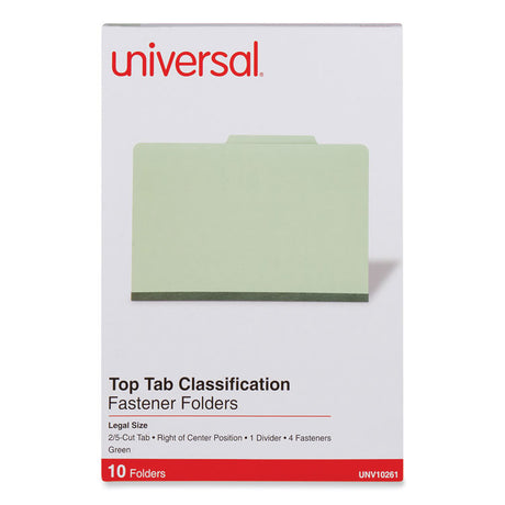 Four-Section Pressboard Classification Folders, 2" Expansion, 1 Divider, 4 Fasteners, Legal Size, Green Exterior, 10/Box