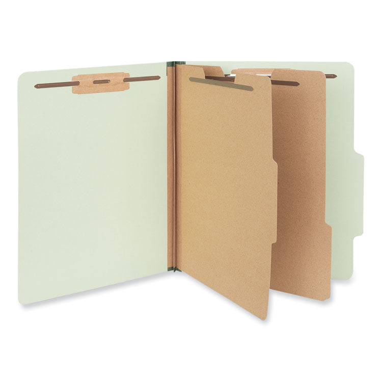 Six-Section Pressboard Classification Folders, 2" Expansion, 2 Dividers, 6 Fasteners, Letter Size, Green Exterior, 10/Box