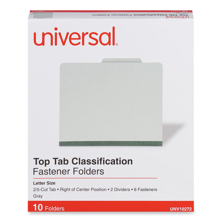 Six-Section Pressboard Classification Folders, 2" Expansion, 2 Dividers, 6 Fasteners, Letter Size, Gray Exterior, 10/Box