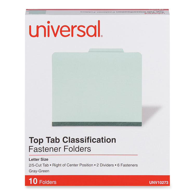 Six-Section Pressboard Classification Folders, 2" Expansion, 2 Dividers, 6 Fasteners, Letter Size, Gray-Green, 10/Box