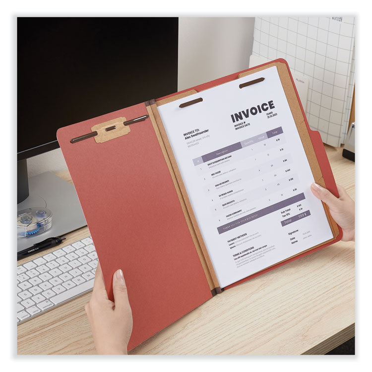 Eight-Section Pressboard Classification Folders, 3" Expansion, 3 Dividers, 8 Fasteners, Letter Size, Red Exterior, 10/Box