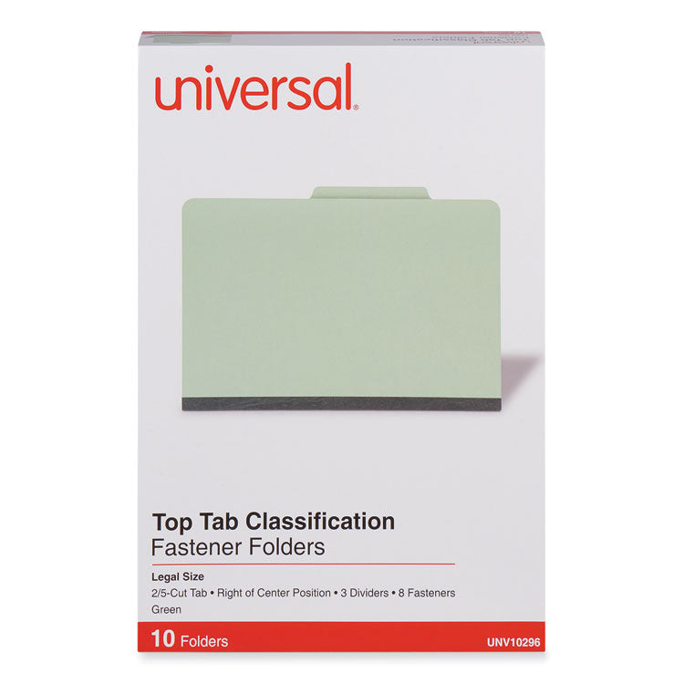 Eight-Section Pressboard Classification Folders, 3" Expansion, 3 Dividers, 8 Fasteners, Legal Size, Green Exterior, 10/Box