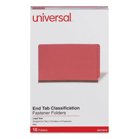 Red Pressboard End Tab Classification Folders, 2" Expansion, 2 Dividers, 6 Fasteners, Legal Size, Red Exterior, 10/Box