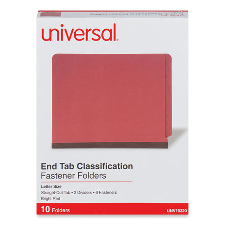 Deluxe Six-Section Pressboard End Tab Classification Folders, 2 Dividers, 6 Fasteners, Letter Size, Bright Red, 10/Box