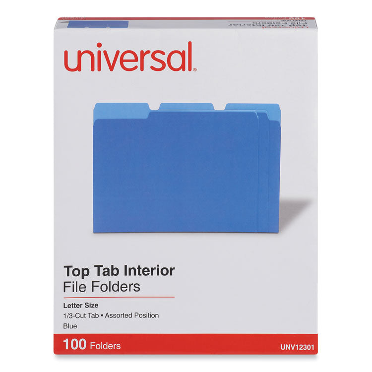 Interior File Folders, 1/3-Cut Tabs: Assorted, Letter Size, 11-pt Stock, Blue, 100/Box