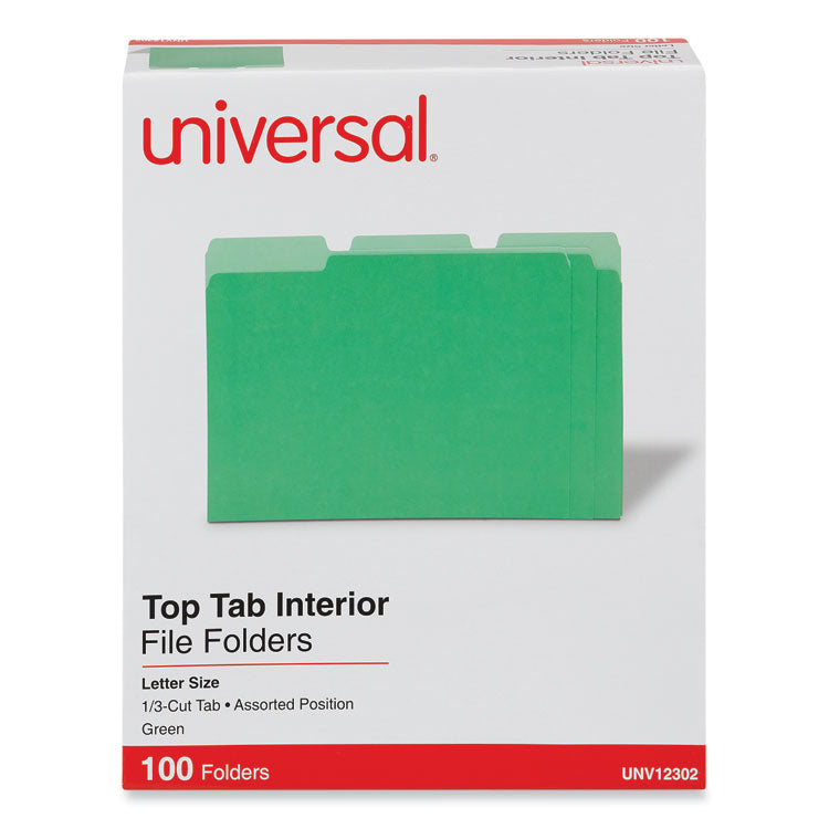 Interior File Folders, 1/3-Cut Tabs: Assorted, Letter Size, 11-pt Stock, Green, 100/Box