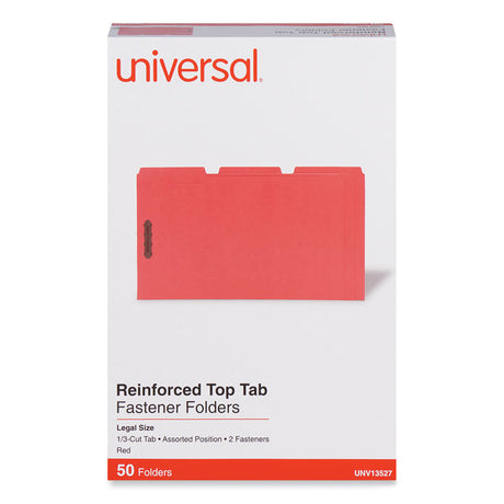 Deluxe Reinforced Top Tab Fastener Folders, 0.75" Expansion, 2 Fasteners, Legal Size, Red Exterior, 50/Box
