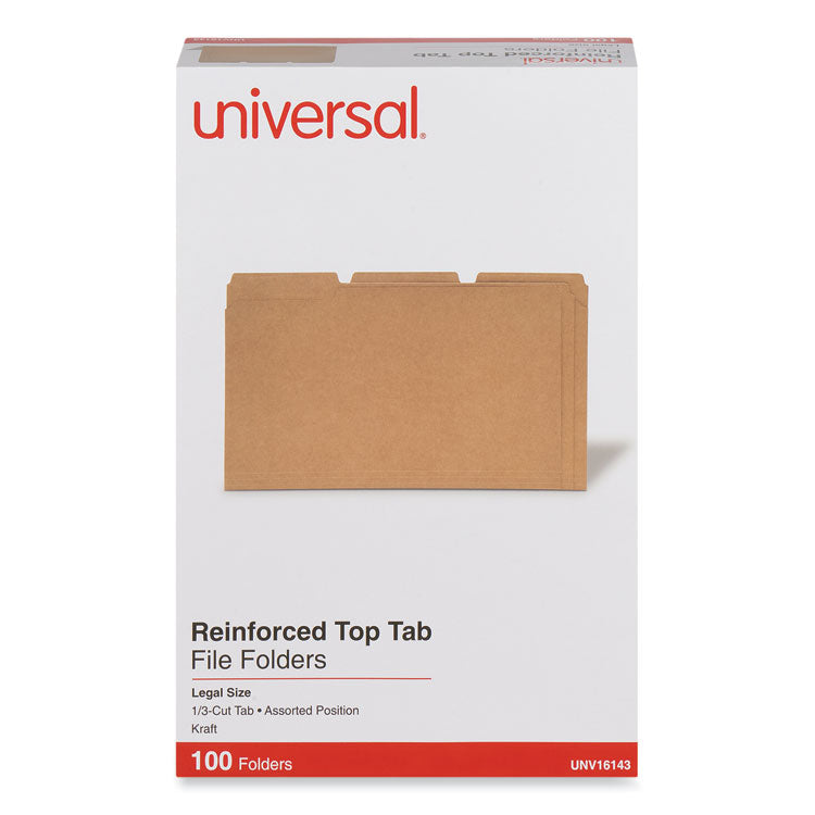 Reinforced Kraft Top Tab File Folders, 1/3-Cut Tabs: Assorted, Legal Size, 0.75" Expansion, Brown, 100/Box