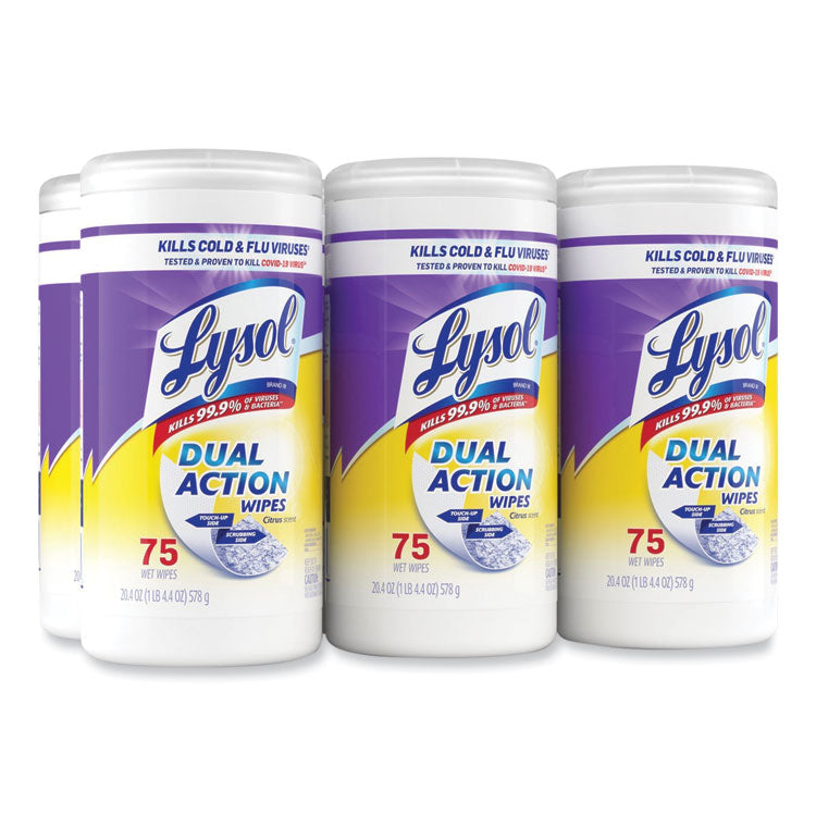 Dual Action Disinfecting Wipes, 1-Ply, 7 x 7.5, Citrus, White/Purple, 75/Canister, 6 Canisters/Carton