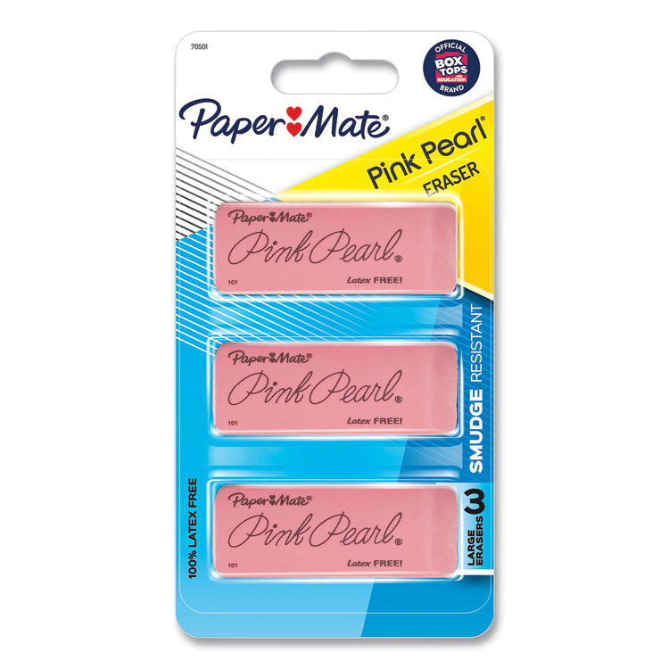 Pink Pearl Eraser, For Pencil Marks, Rectangular Block, Large, Pink, 3/Pack