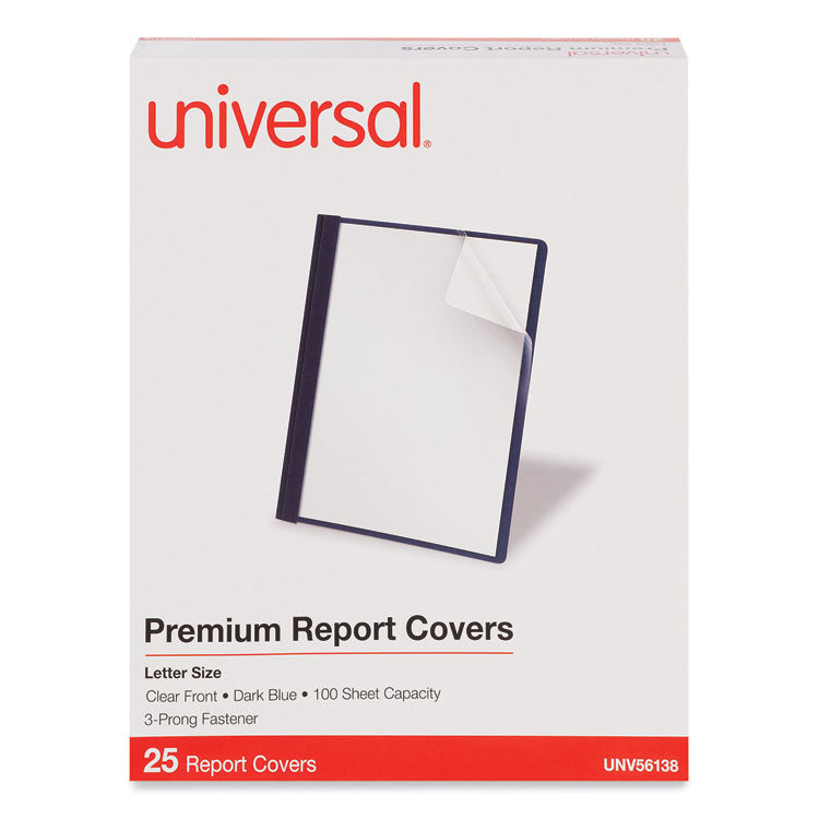 Clear Front Report Covers with Fasteners, Three-Prong Fastener, 0.5" Capacity,  8.5 x 11, Clear/Dark Blue, 25/Box