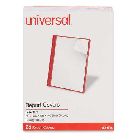 Clear Front Report Cover, Prong Fastener, 0.5" Capacity, 8.5 x 11, Clear/Red, 25/Box
